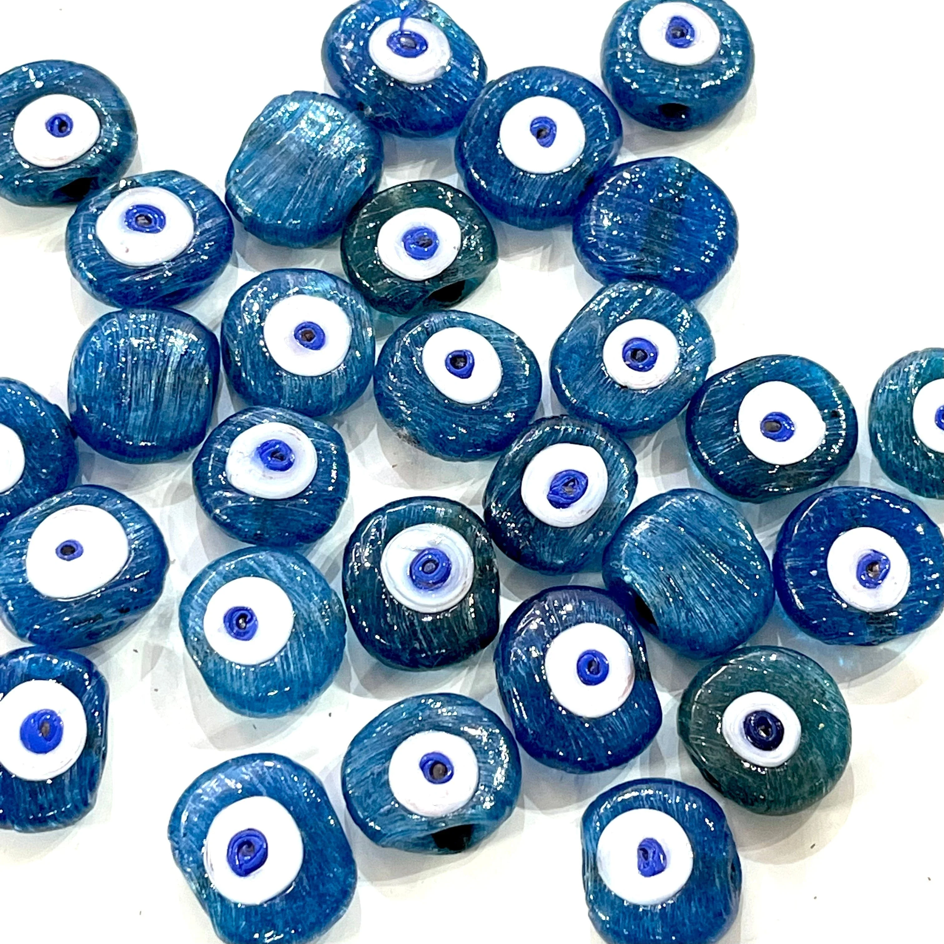 Traditional Turkish Artisan Handmade Glass Teal Blue Evil Eye Beads, Large Hole Evil Eye Glass Beads, 50 Beads per pack - Image 2