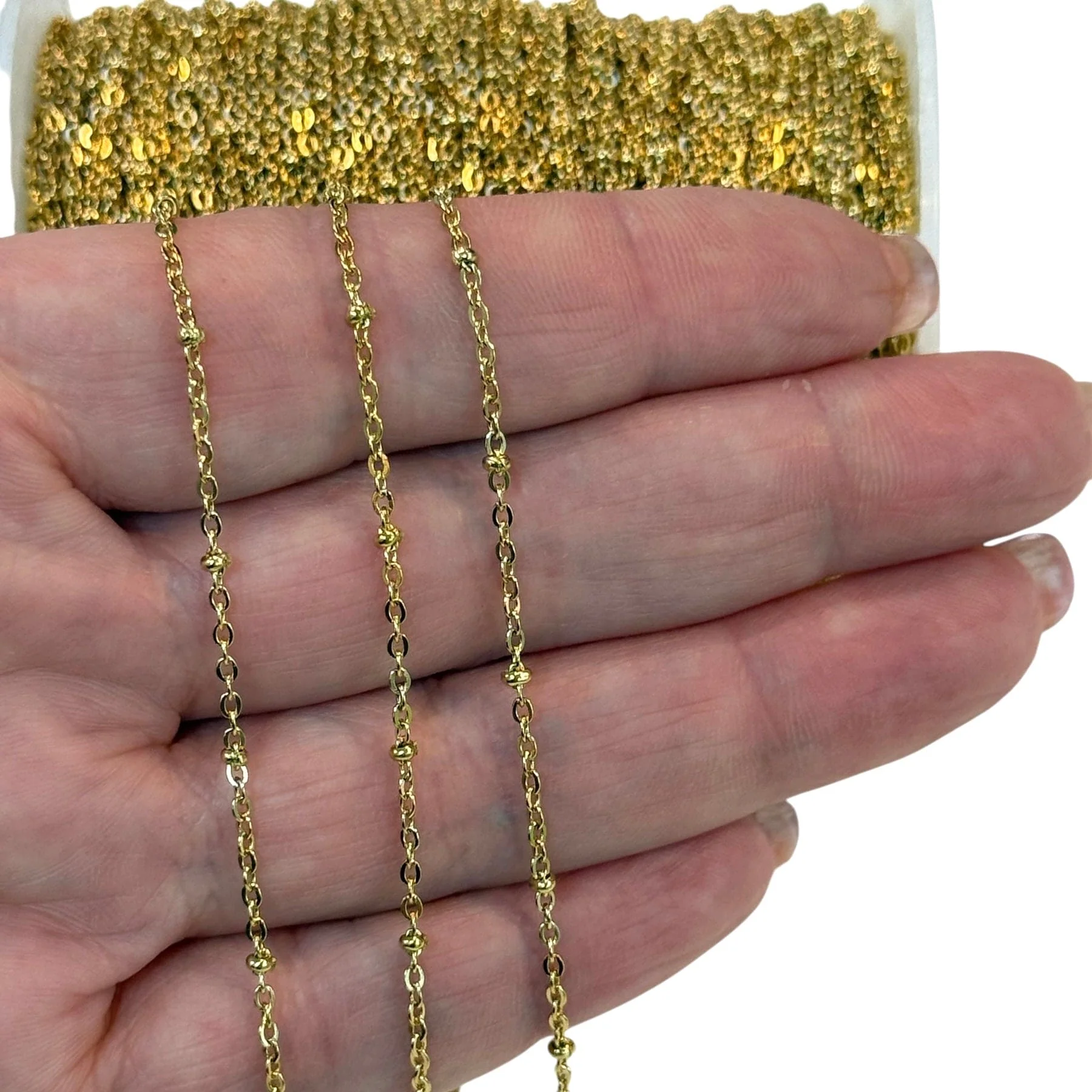 Waterproof 24K PVD Gold Plated Stainless Steel Satellite Chain – 1.5x2mm Links, 2mm Beads