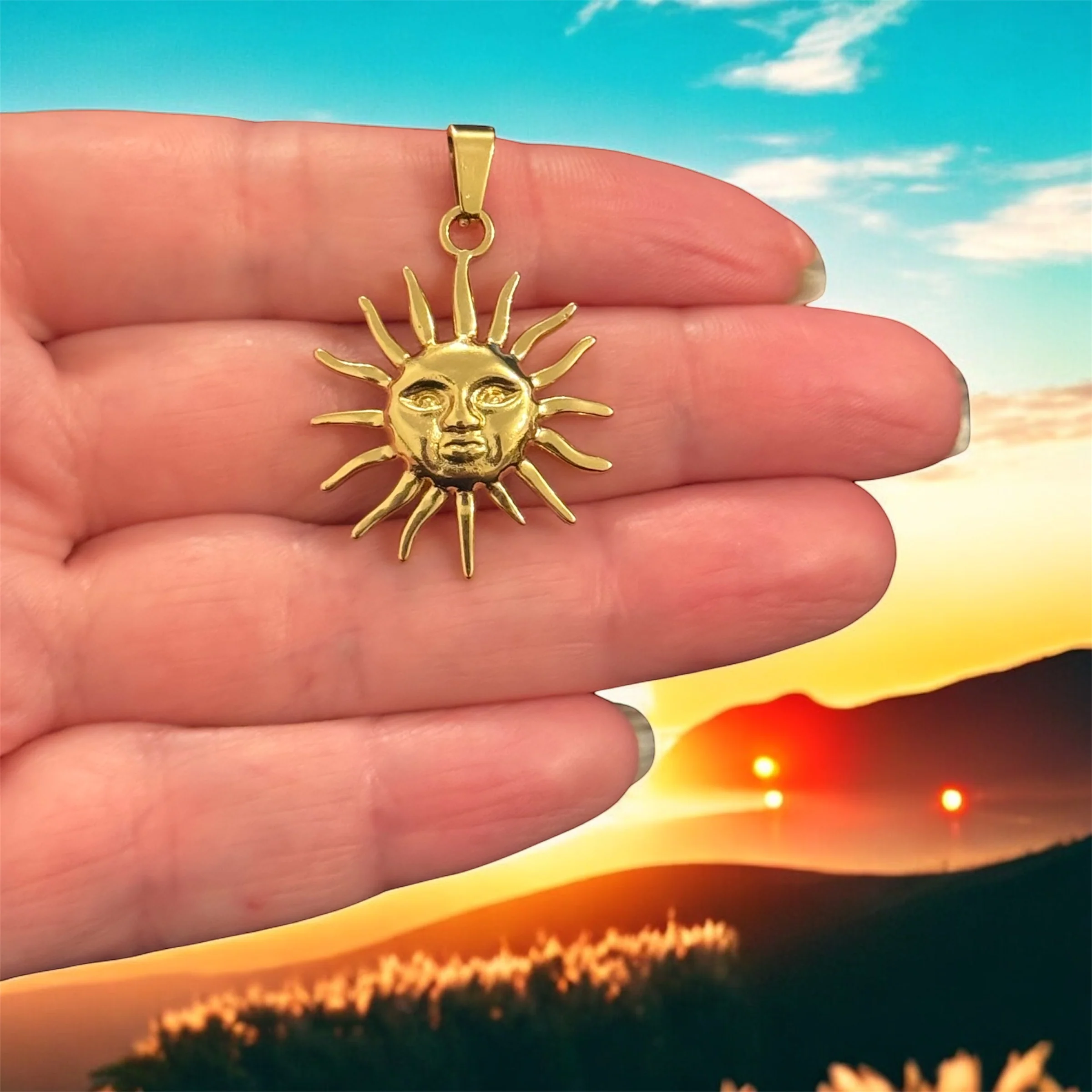 Waterproof 24Kt Gold Plated Stainless Steel Sun Face Pendant