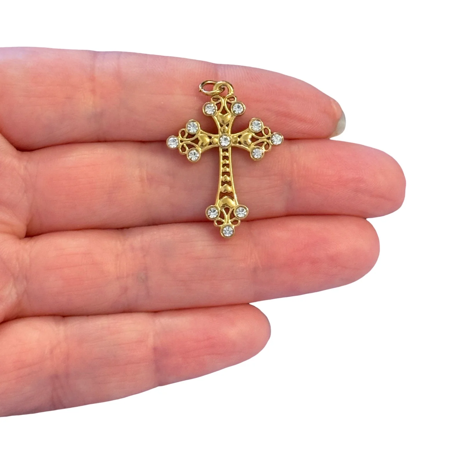 Waterproof 24Kt PVD Gold Plated 316L Stainless Steel CZ Filigree Cross Pendant