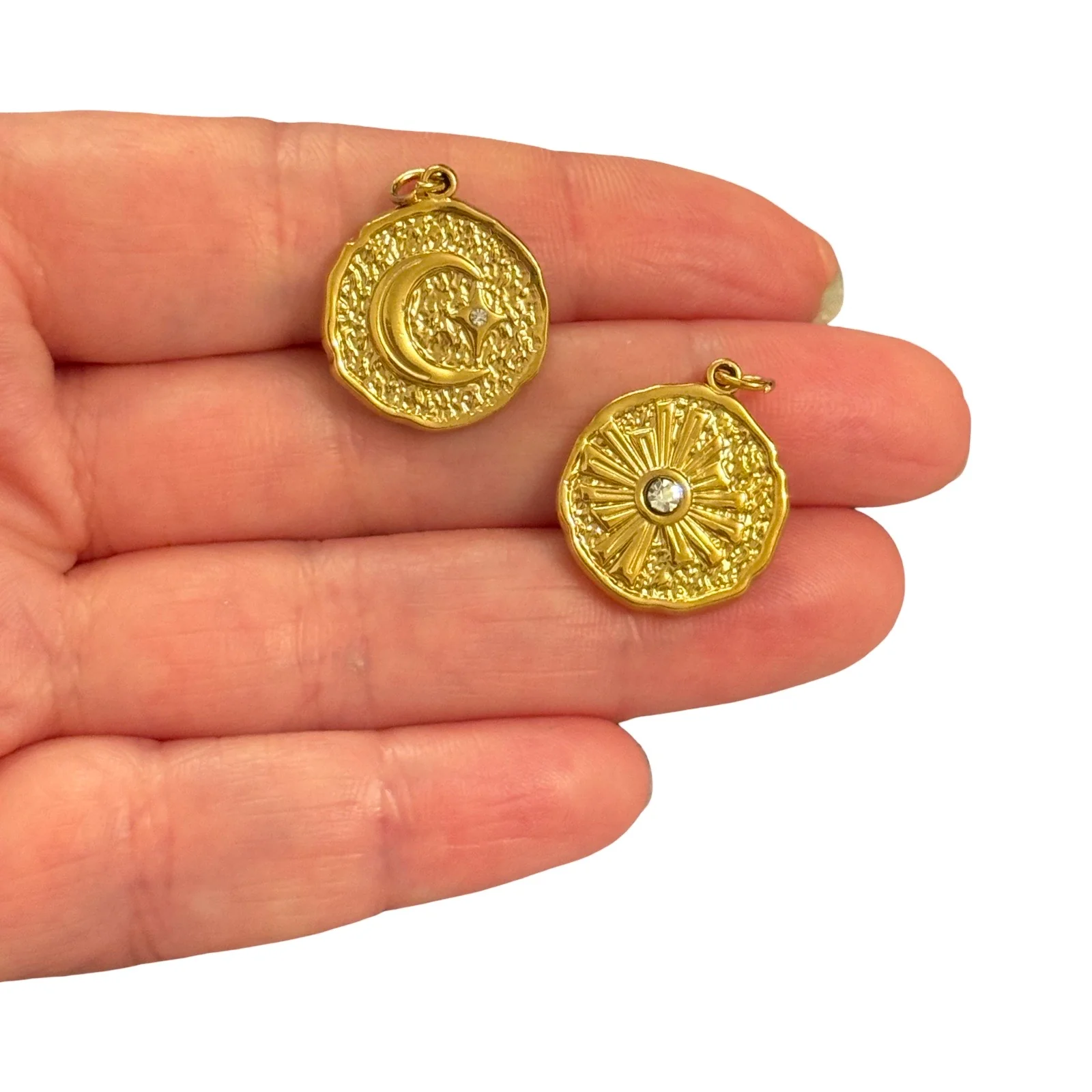 Waterproof 316L PVD Gold Plated Stainless Steel Celestial Coin Pendant – Sun & Moon Double Sided Charm with Cubic Zirconia