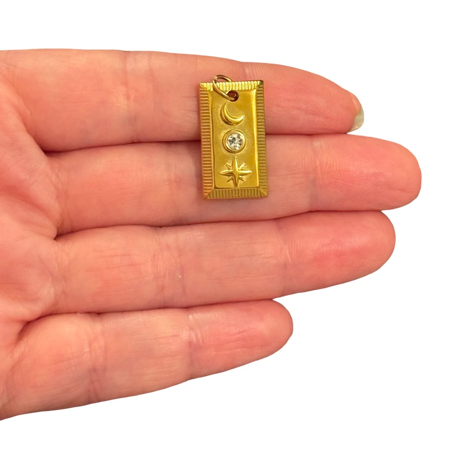 Waterproof 316L PVD Gold Plated Stainless Steel Celestial Rectangle Pendant – Moon, Star & Cubic Zirconia Charm