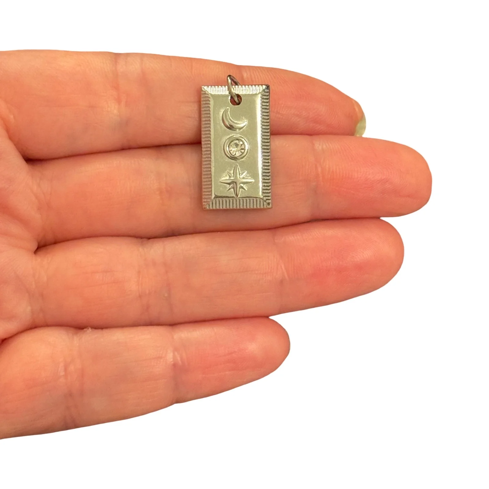 Waterproof 316L Stainless Steel Celestial Rectangle Pendant – Moon, Star & Cubic Zirconia Charm