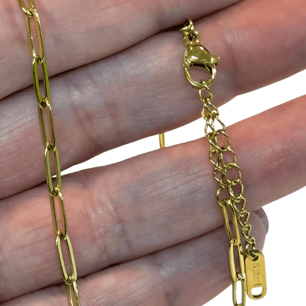Waterproof Stainless Steel 24Kt PVD Gold Plated Paper Clip Chain Necklace, Ready Gold Paper Clip Chain Necklace