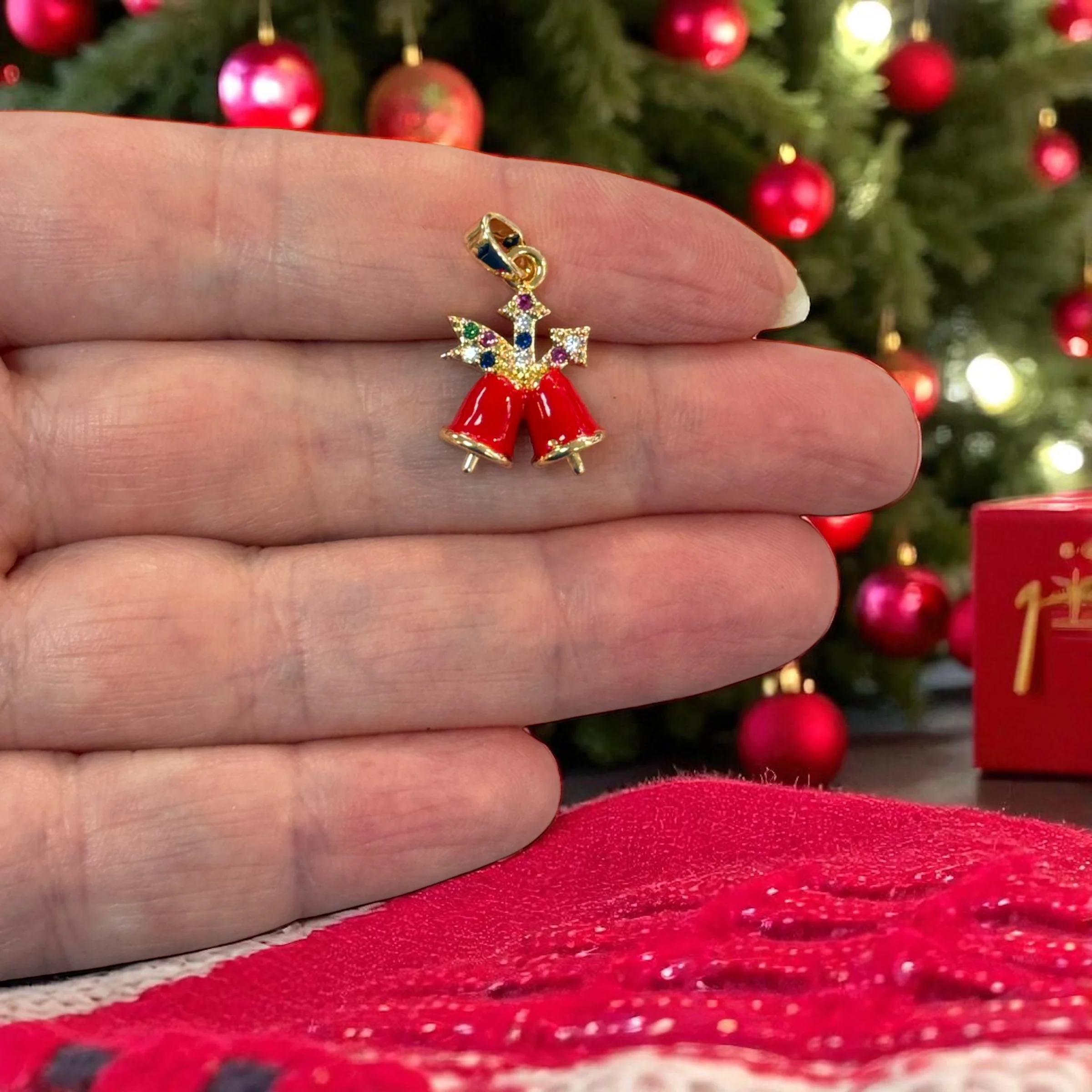 Waterproof Stainless Steel 24Kt Gold Plated Red Enamel Christmas Bell Charm with CZ – approx 20x13mm