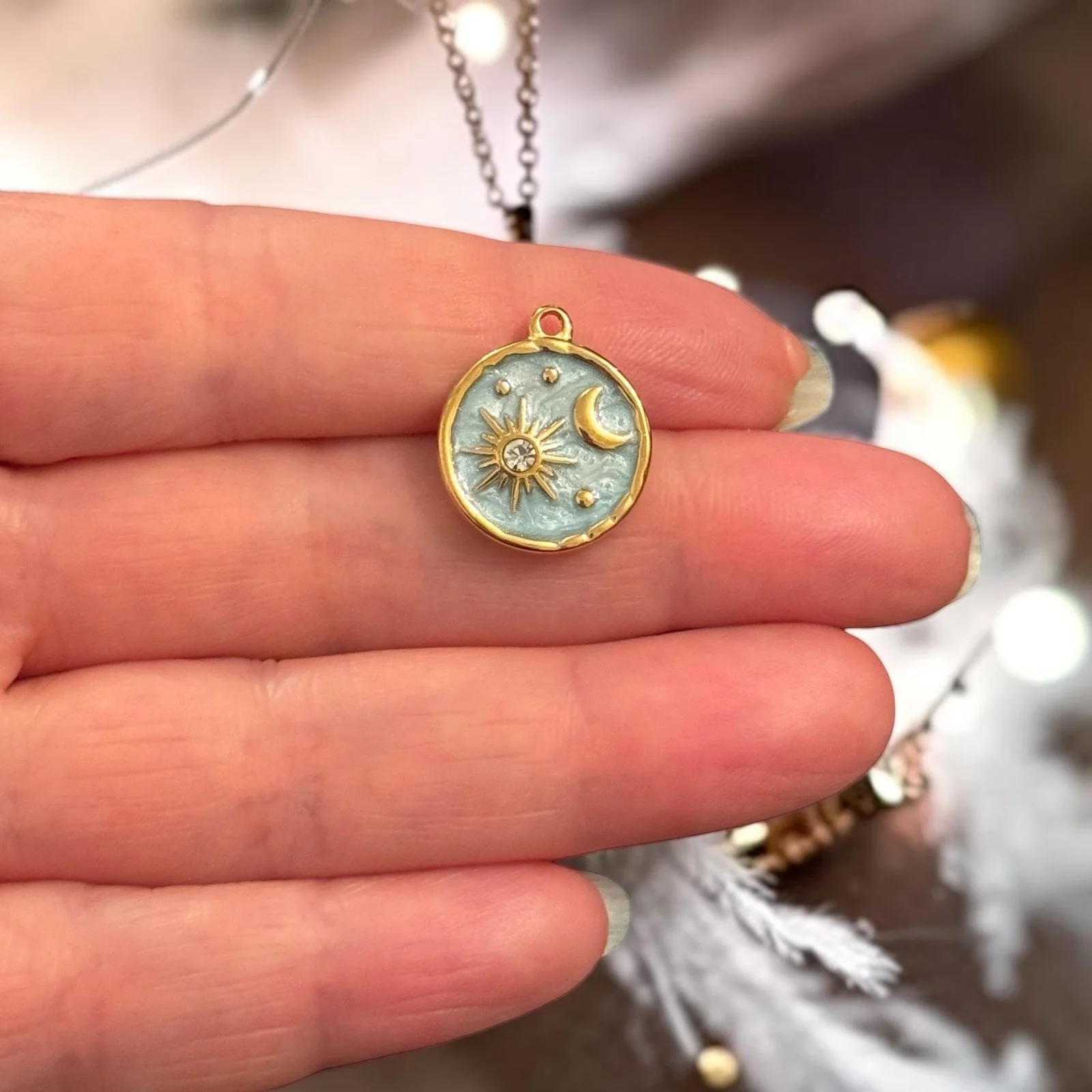 Waterproof Stainless Steel PVD Gold Plated Celestial Charm – Blue Sun Moon Disc Pendant, Tarnish Resistant Cosmic Charm