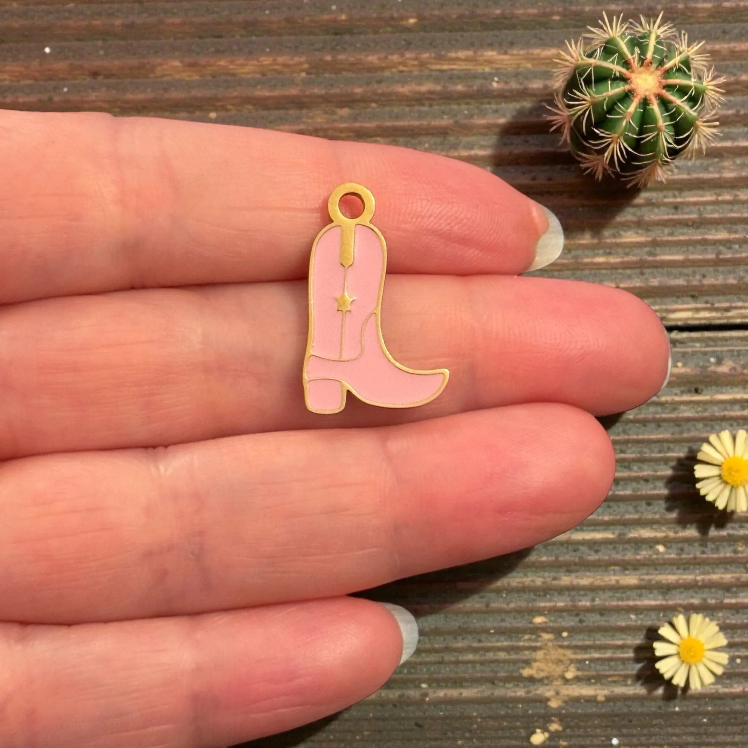 Waterproof Stainless Steel PVD Gold Plated Pink Cowboy Boot Charm – Enamel Western Pendant, Tarnish Resistant Cowgirl Charm
