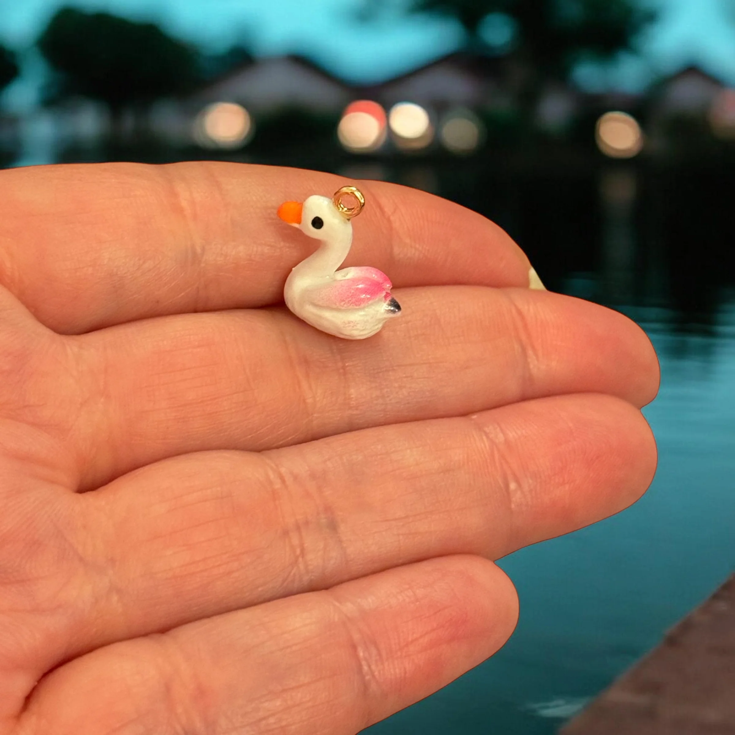 White Swan Enamel Charm with Pink Wings, Cute Swan Pendant