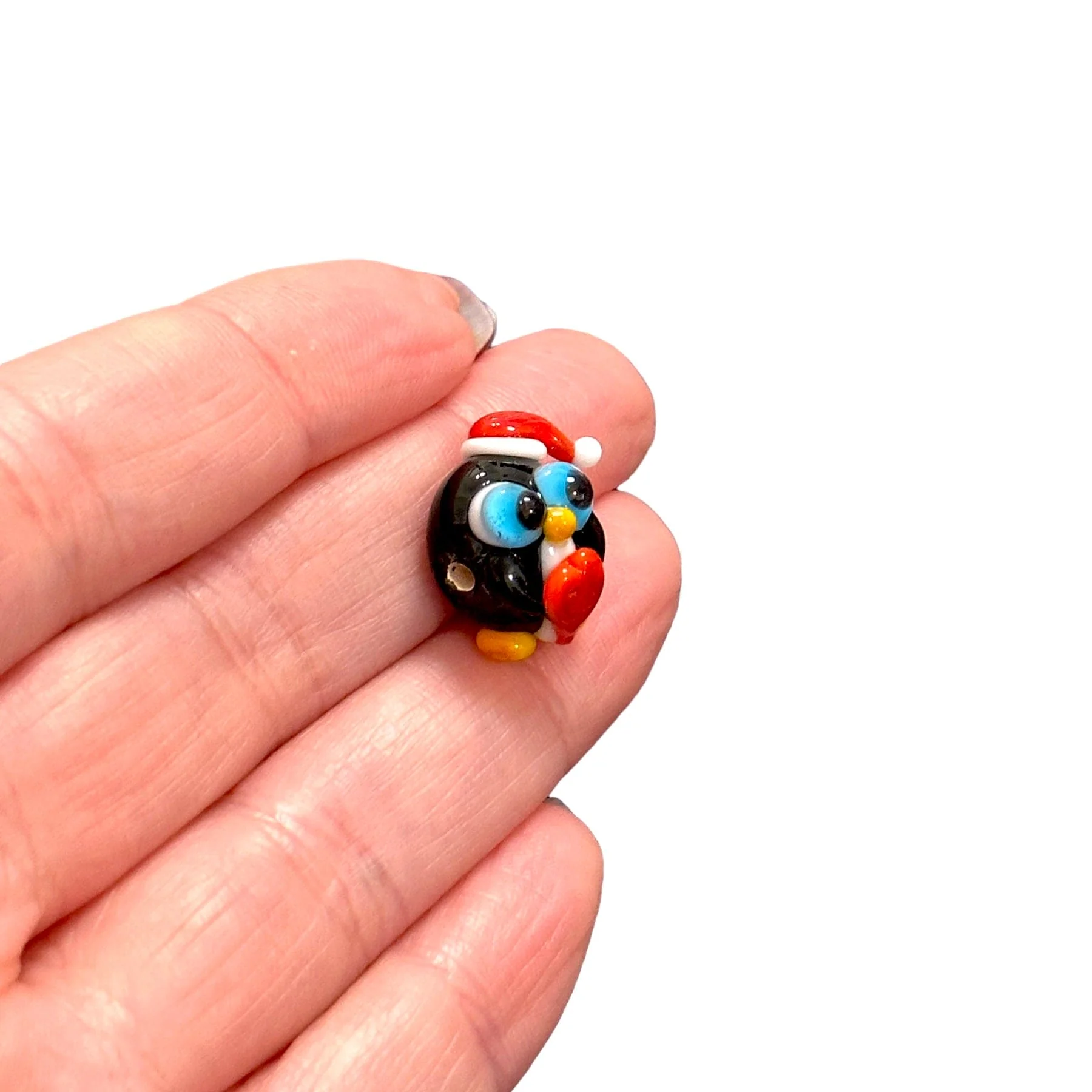 Xmas Penguin Hand Made Murano Glass Charm, Horizontal Hole Xmas Penguin Charm - Image 2